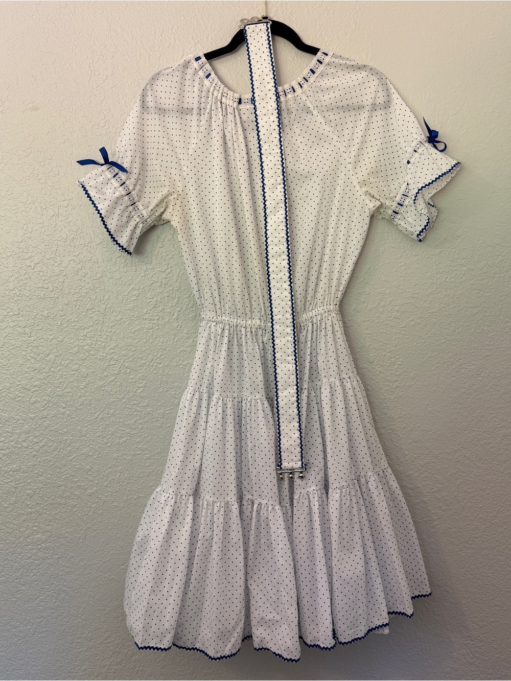Plus Size Vintage White Polka Dot Tiered Square Dance Dress with Blue Ribbon - Picture 3 of 7